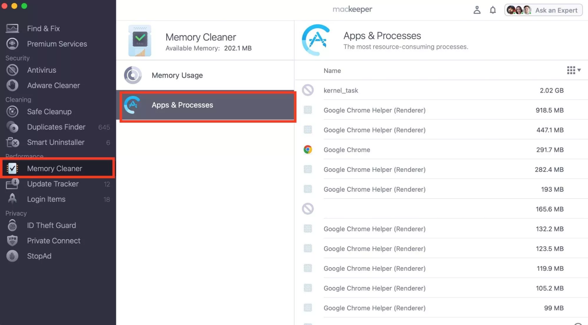 MacKeeper’s Memory Cleaner appears on a Mac. Find MLTCompilerService, hover over it, and press the X icon to stop its high CPU usage.