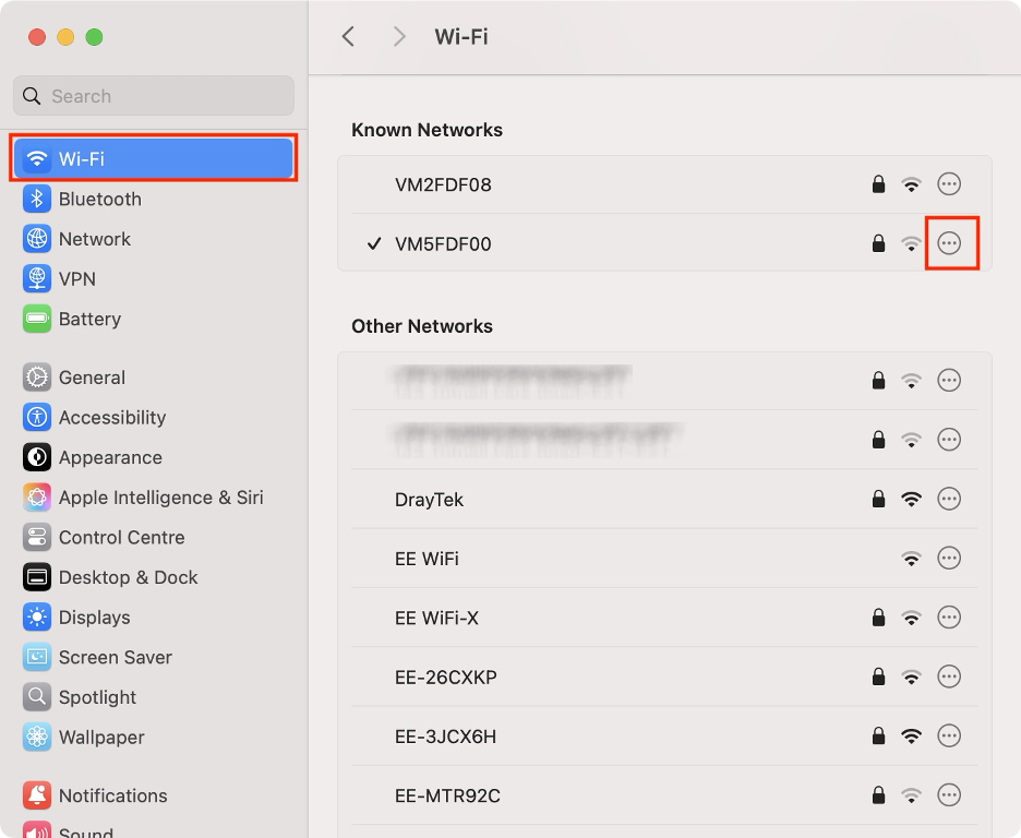 To refresh the network settings on your Mac and fix the content loading issue, click Wi-Fi from System Settings, then click on the three dots next to your Wi-Fi network.