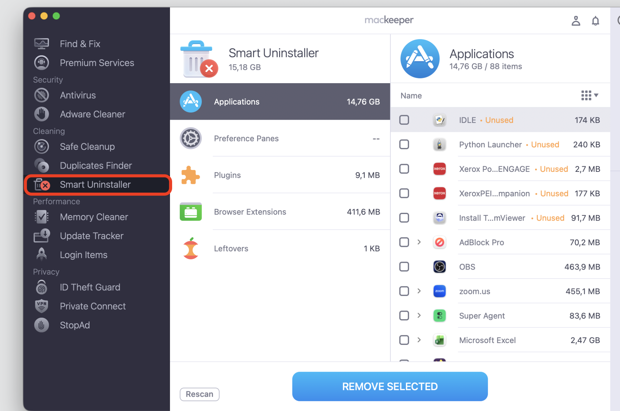 MacKeeper's Smart Uninstaller on a MacBook with Remove Selected, fully deleting a problem app tied to codesign high CPU on macOS.
