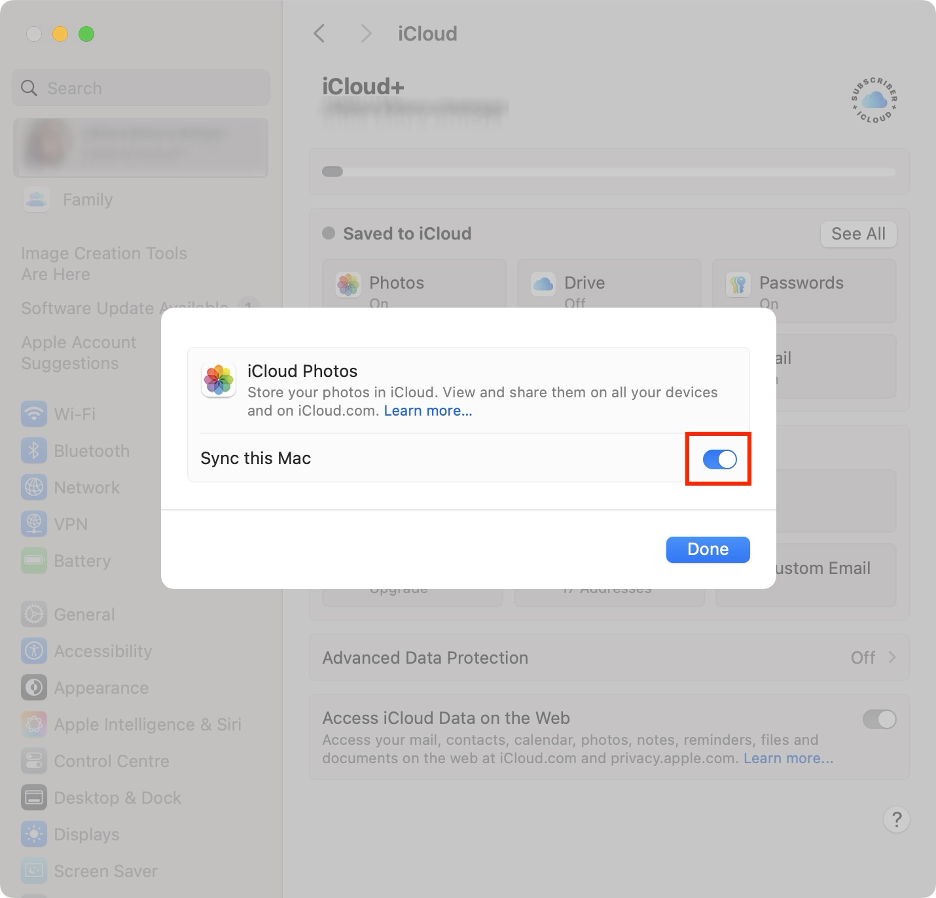 To unlink iCloud storage on your Mac, disable the Sync this Mac toggle, then click Done.