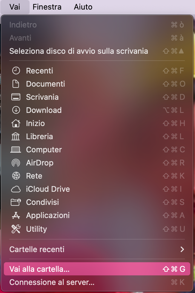 Menu Vai del Finder: l’opzione Vai alla cartella… è evidenziata nell’elenco.