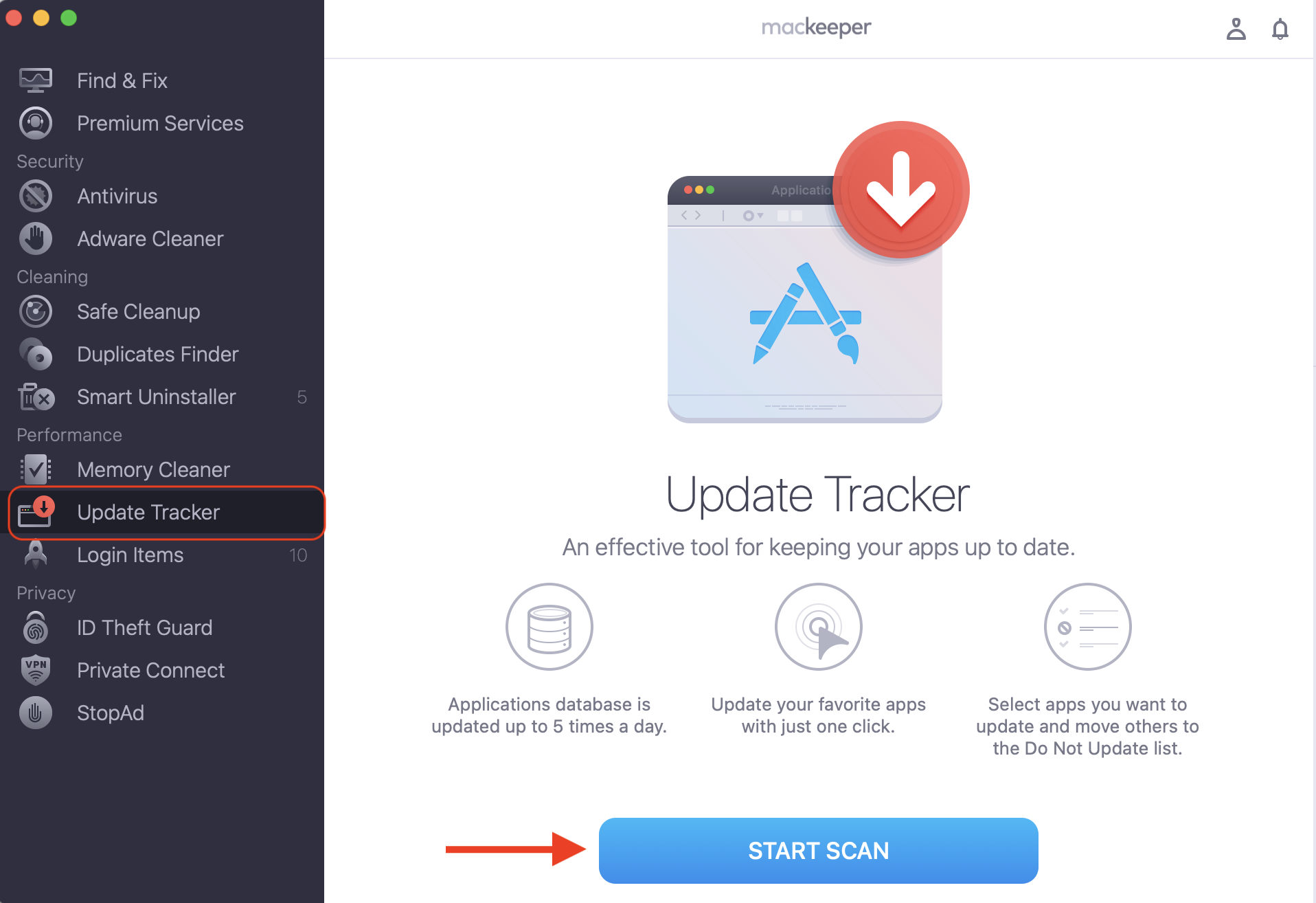 MacKeeper's Update Tracker on an Apple computer with the Start Scan button, finding outdated apps that drive codesign high CPU on Mac.
