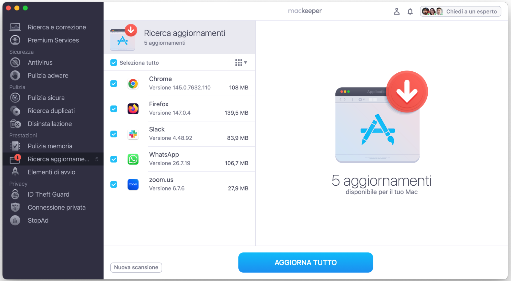 Per continuare con il processo di aggiornamento su Mac con MacKeeper, seleziona le app spuntando le caselle accanto e fai clic su Aggiorna.