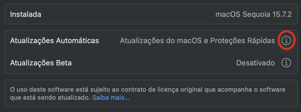 Janela Atualizações Automáticas exibindo a versão atual do macOS e o botão de informações i destacado com um círculo vermelho como próximo passo