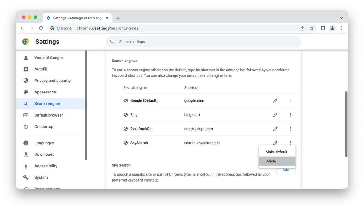 To remove AccessibleSearchEngine from Chrome, click Manage search engines > More > Delete. Choose the search engine you prefer.