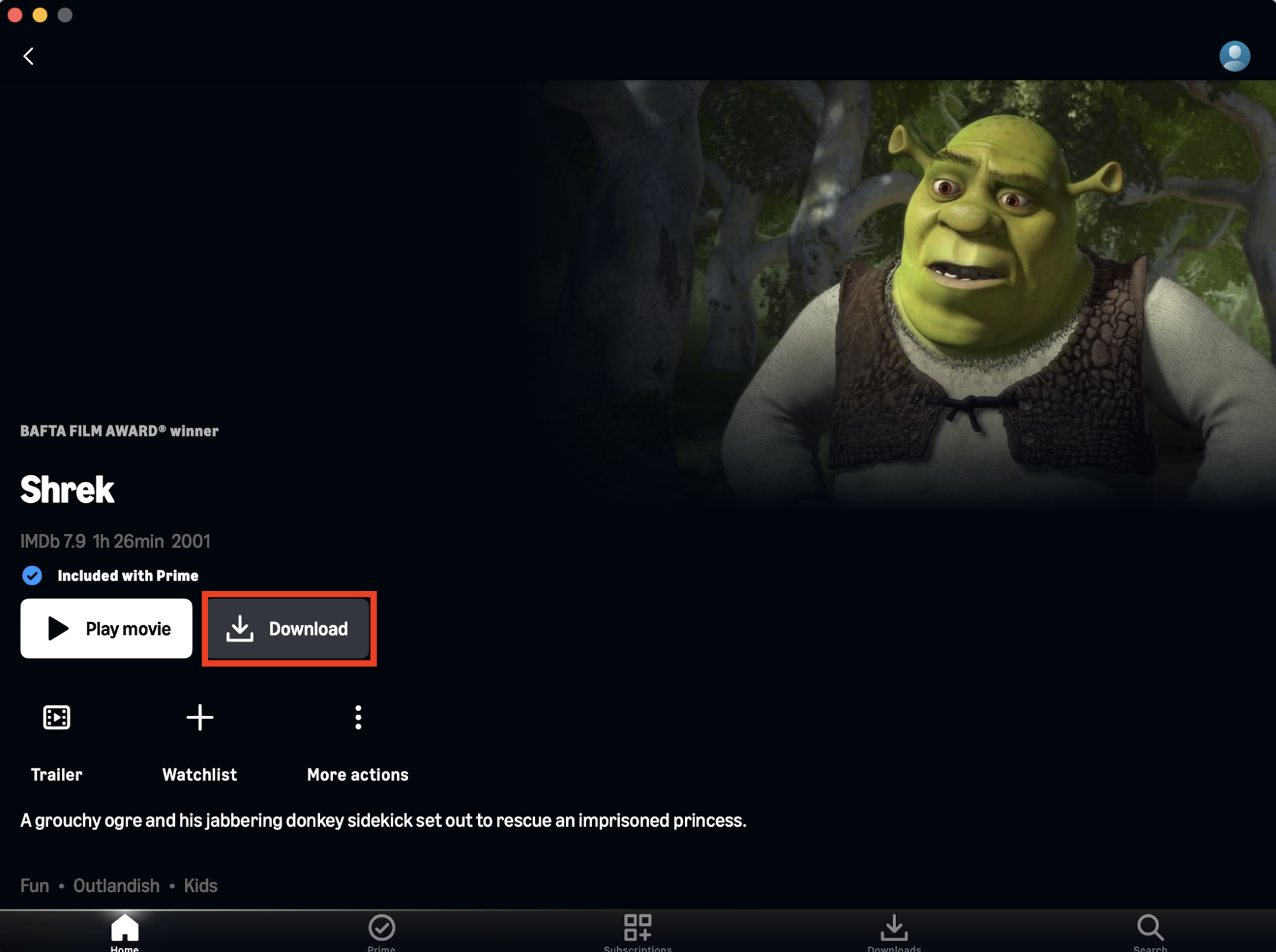 The Download option in Amazon Prime Video on Mac. If you're looking at how to download movies on MacBook, use Prime Video's offline viewing option