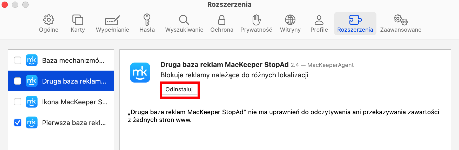 Niektóre złośliwe oprogramowanie infekuje przeglądarki za pomocą rozszerzeń. W Safari musisz znaleźć podejrzane rozszerzenie w ustawieniach, a następnie kliknąć przycisk Odinstaluj. Pokaże to, gdzie zainstalowane jest rozszerzenie, dzięki czemu możesz je usunąć.