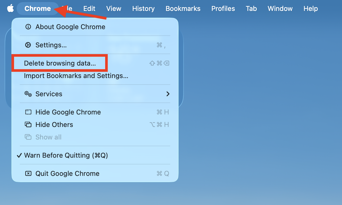 The Delete browsing data option inside the Google Chrome menu on Mac. Select this when you need to clear the Google Drive cache on Mac to fix issues.