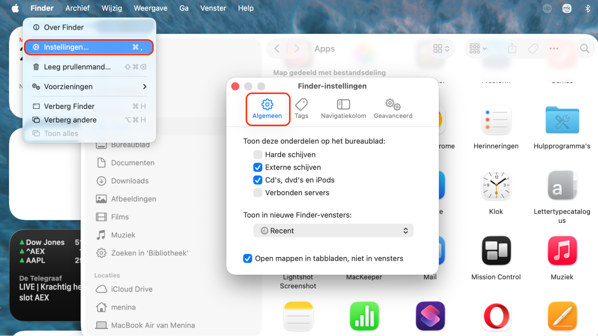 Open Finder, klik op Instellingen in de menubalk, ga dan naar het tabblad Algemeen om voorkeuren aan te passen en het geheugengebruik van Finder te verminderen.