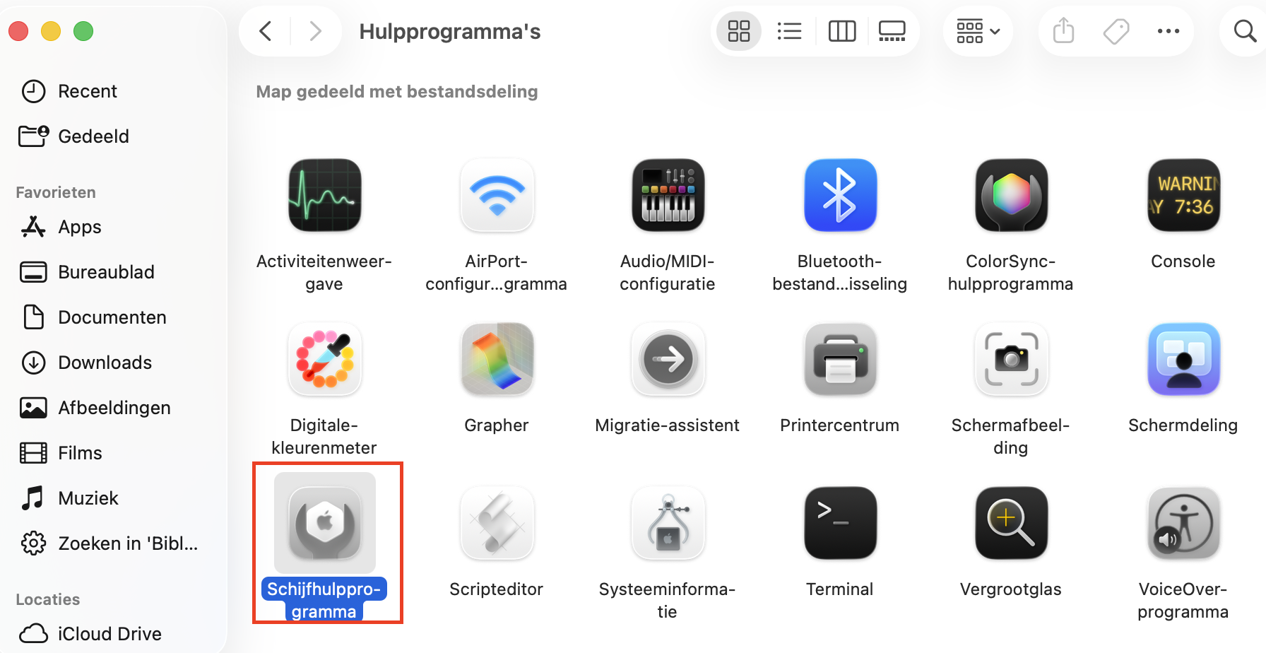Schijfhulpprogramma in de map Hulpprogramma's op een Mac. Gebruik de Eerste hulp-tool om schijfbevoegdheden te herstellen.