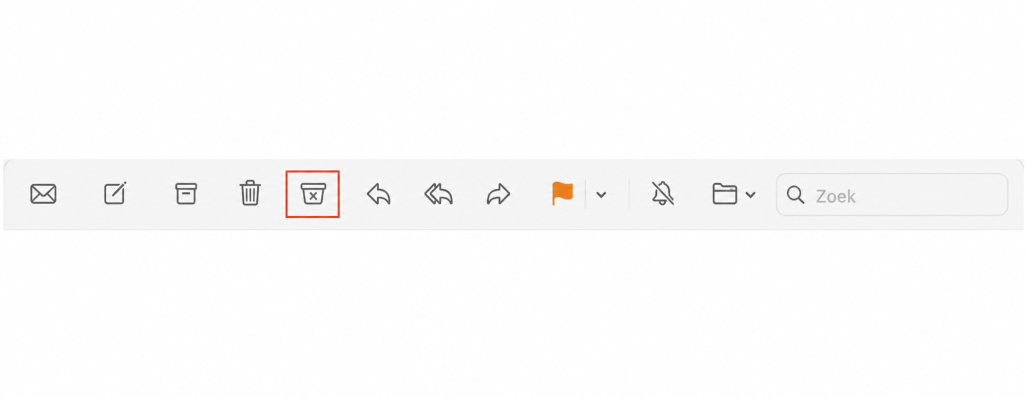 De menubalk van de Mail app in macOS met het prullenbak pictogram gemarkeerd. Dit maakt deel uit van een handleiding over hoe je de Mail cache verwijdert door de Prullenmand via de menubalk te legen.
