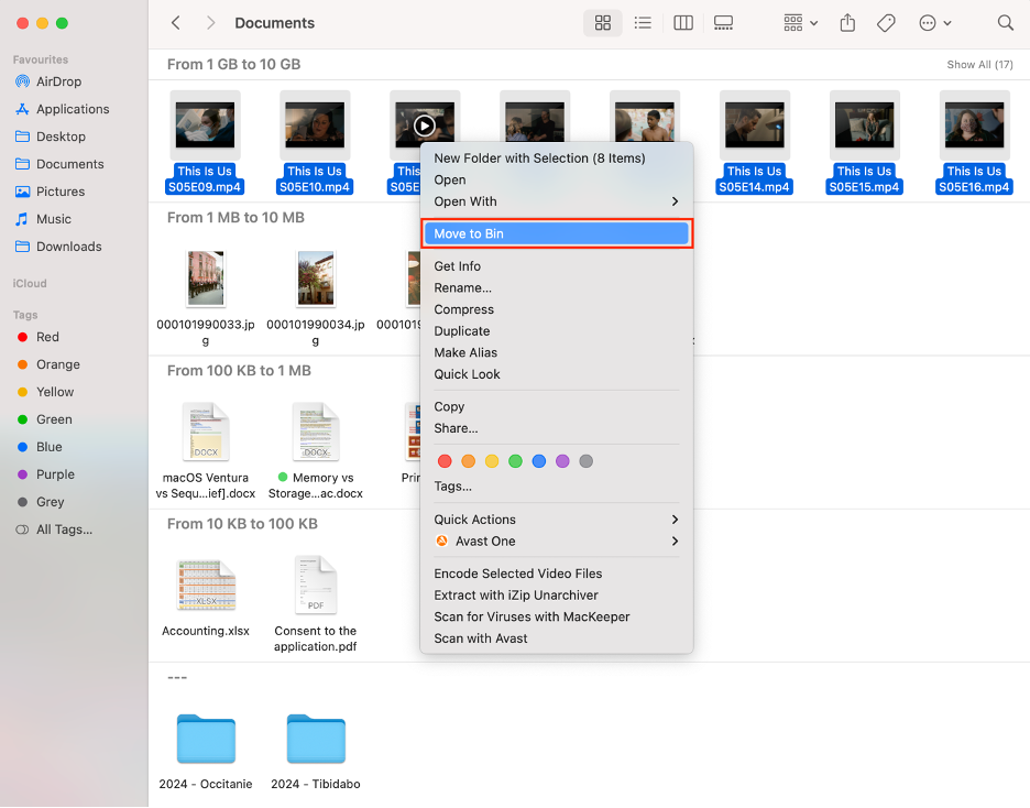 To delete large files on your Mac, select files you no longer need, right-click on them, then click Move to Bin/Trash.