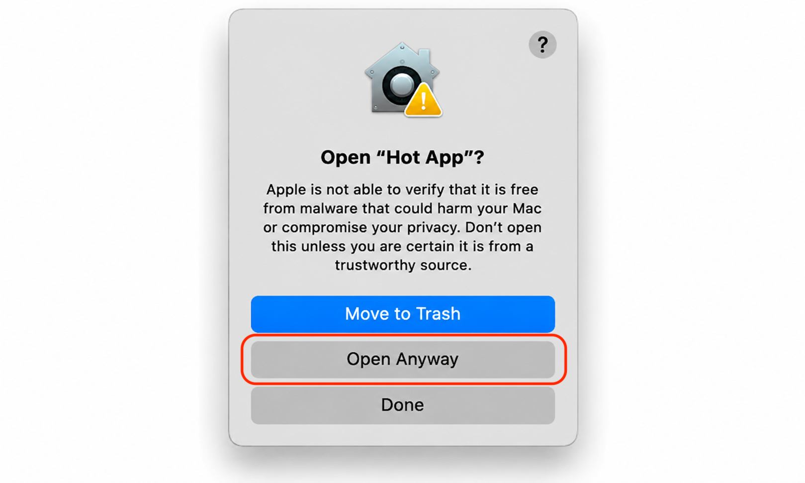 Gatekeeper dialog on macOS asking to open Hot App, with the Open Anyway button highlighted to confirm launching the blocked Mac app.