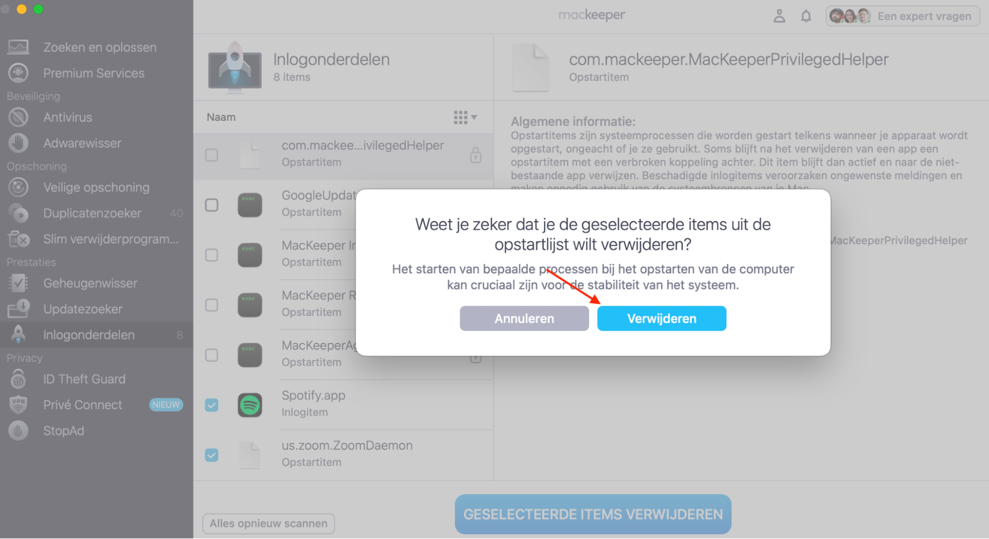 Na het kiezen om Inlogonderdelen te verwijderen, verschijnt er een pop-upvenster waarin je gevraagd wordt je keuze te bevestigen. Klik op Verwijder wanneer dit verschijnt, waarna het proces wordt voltooid.