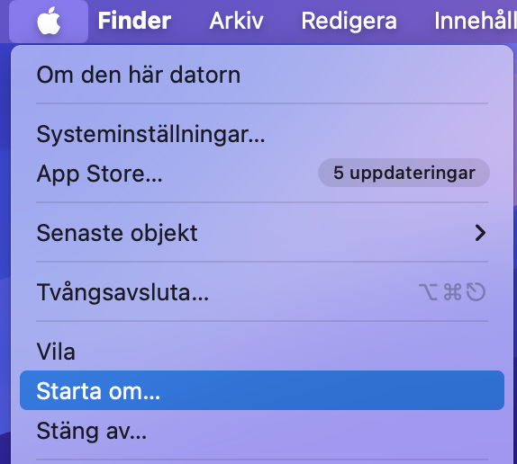 Om du upplever problem efter att ha uppdaterat din macOS till den senaste versionen är en lösning att starta om din Mac genom att klicka på Apple-ikonen och sedan välja Starta om.