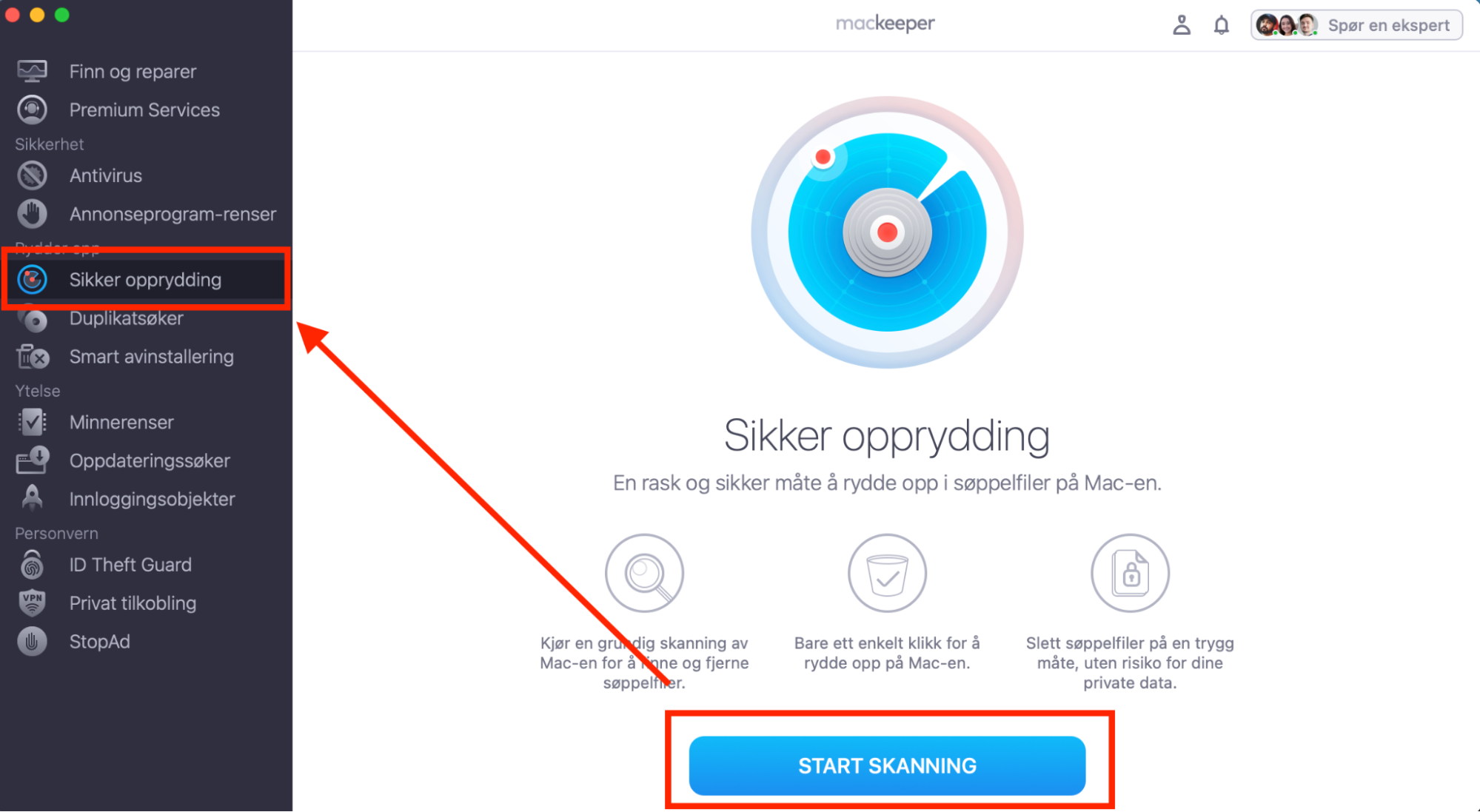 Gå til MacKeeper og velg Sikker Opprydding. Her kan du også trykke på Start Skanning for å gå videre.