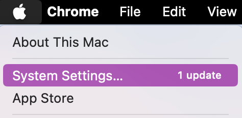 To find battery info via the System Report, you’ll need to open System Settings first–which you can do by clicking on the Apple Icon and selecting System Settings.