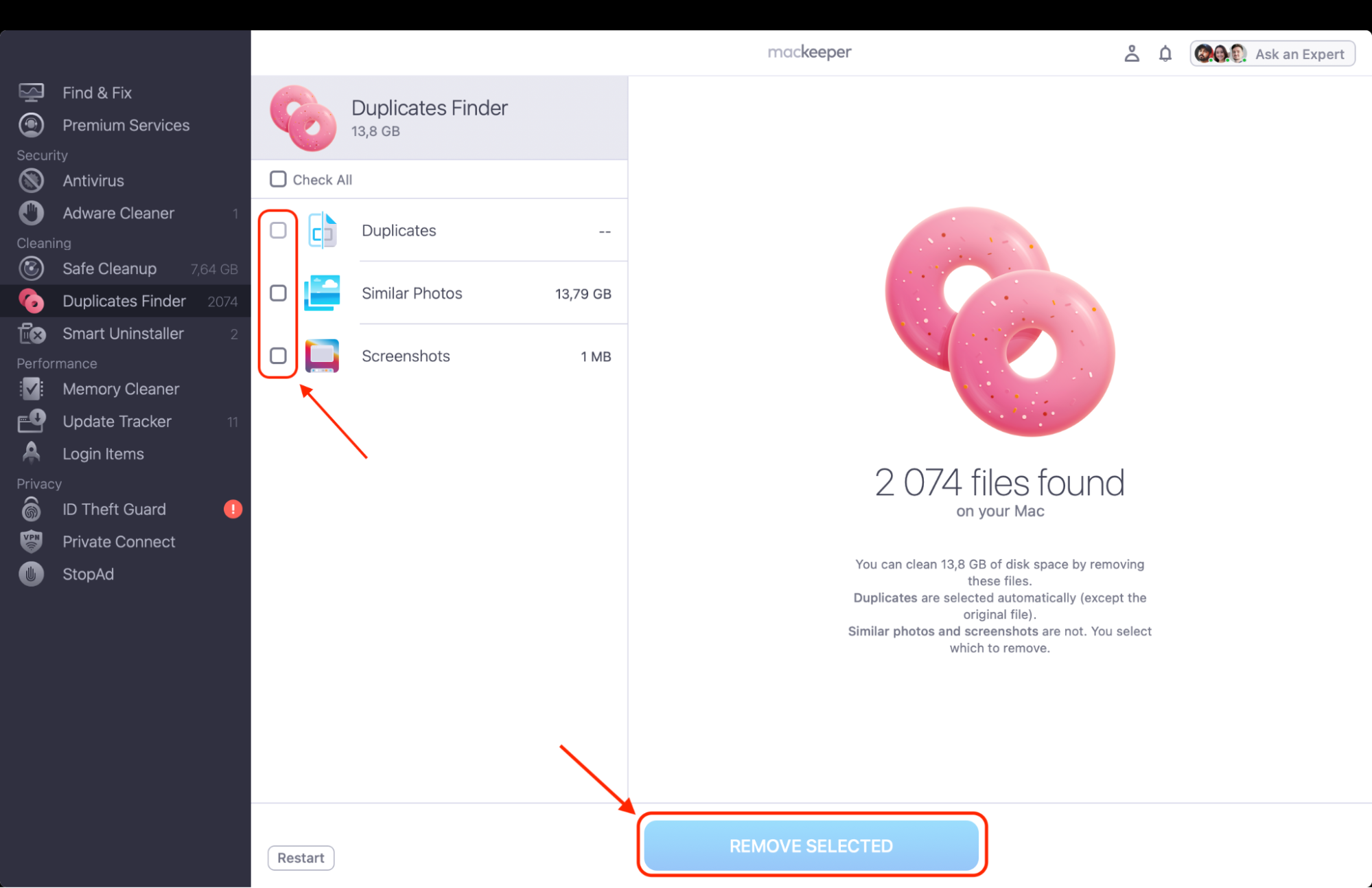 Select the duplicate files you want to delete, then click Remove Selected to free up storage and keep your Mac organized.