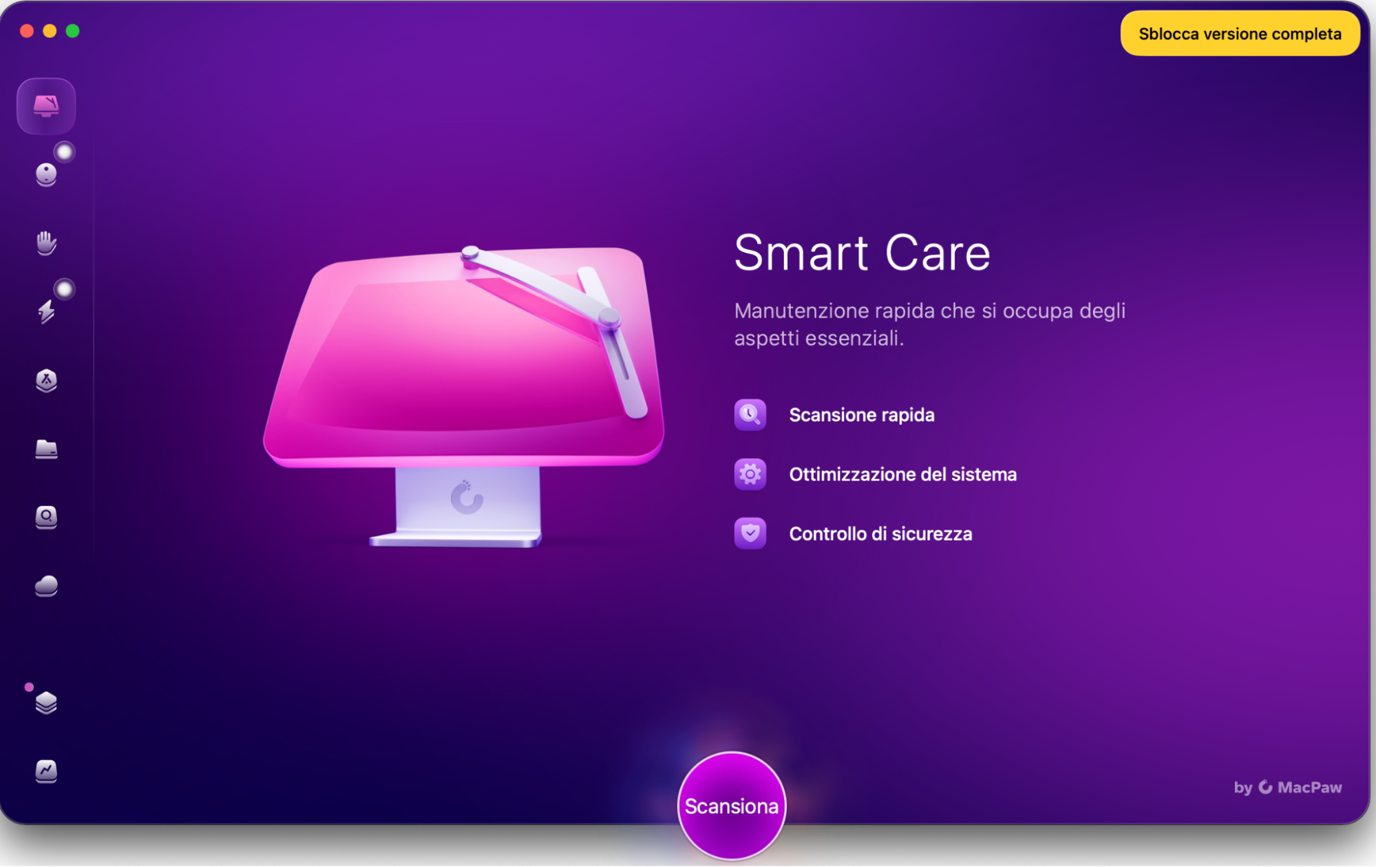 La versione macOS di CleanMyMac X mostra la notevole differenza in termini di interfaccia ed esperienza utente rispetto alla versione CCleaner. Vedi la schermata principale e tutte le funzioni di questo prodotto di pulizia.