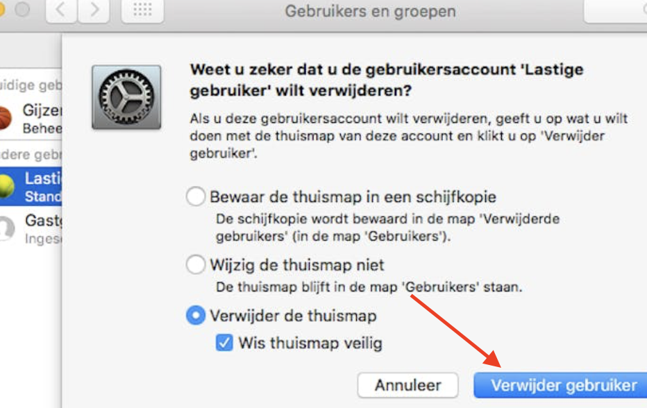 Systeeminstellingen op de Mac toont het menu Gebruikers en groepen. Klik op de knop i naast het account en kies Verwijder gebruiker om een oud gebruikersaccount te verwijderen.