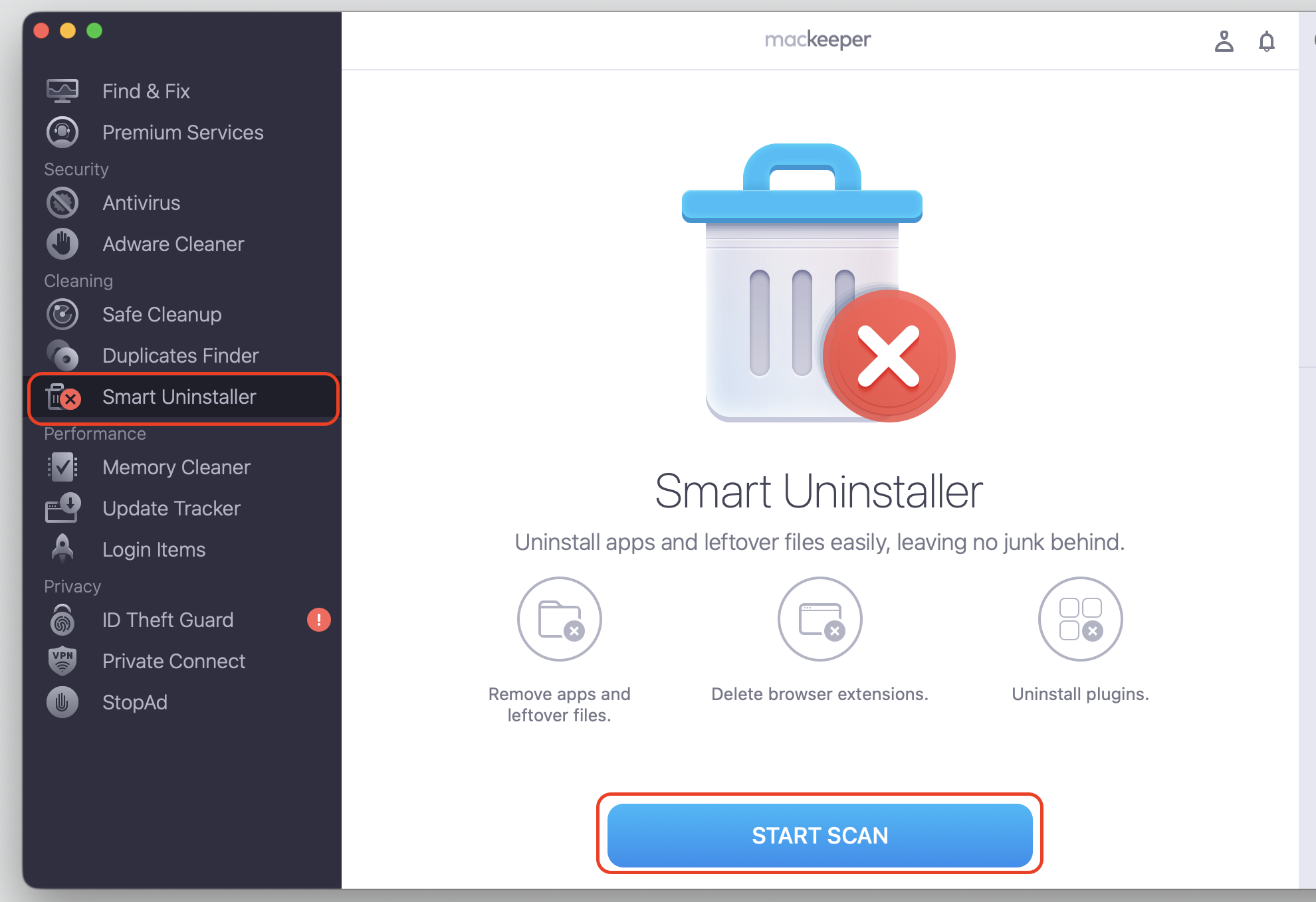 Open MacKeeper on your Mac, select Smart Uninstaller from the sidebar, and click Start Scan to list installed apps.