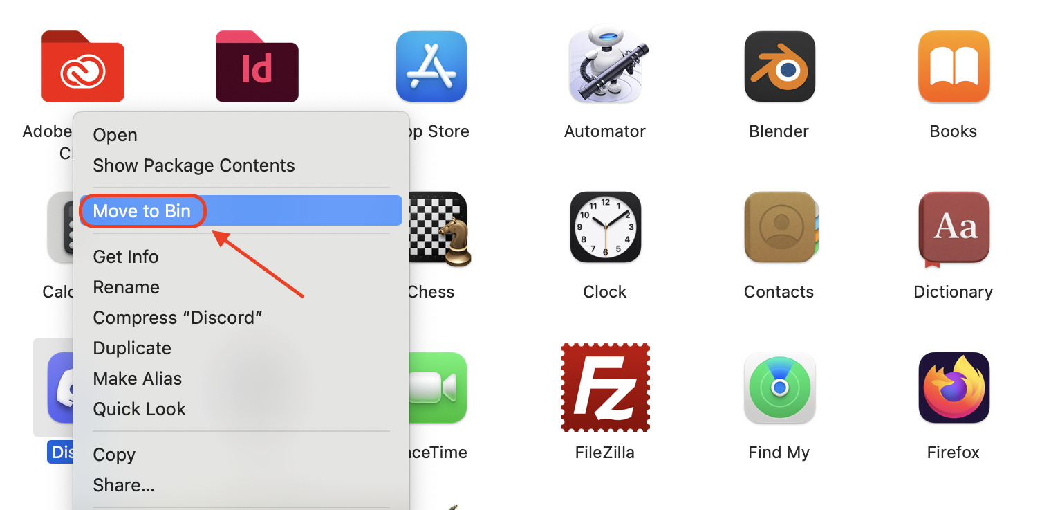 Open the Applications folder, find Discord, right-click the app, and select Move to Bin to uninstall it from your Mac.