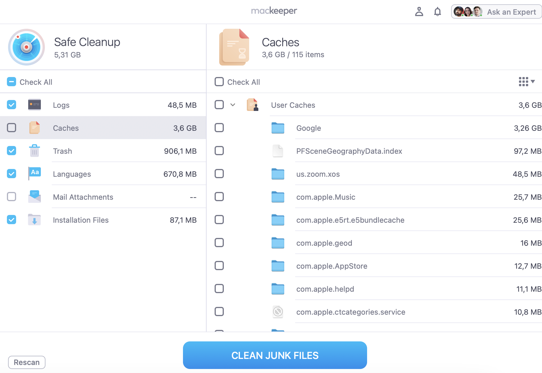 To get rid of iMessage cache on macOS with MacKeeper's Safe Cleanup, make a scan, move to the Cashes folder, find User Caches, and select all the related files and folders to delete the Messages app cache.