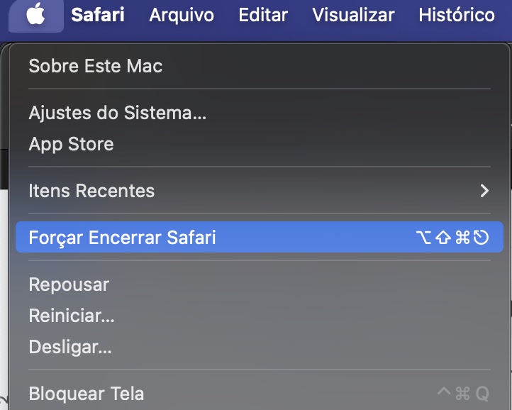 O menu Apple no Mac mostra várias opções do sistema. Clique no botão Forçar Encerrar para encerrar um app problemático.