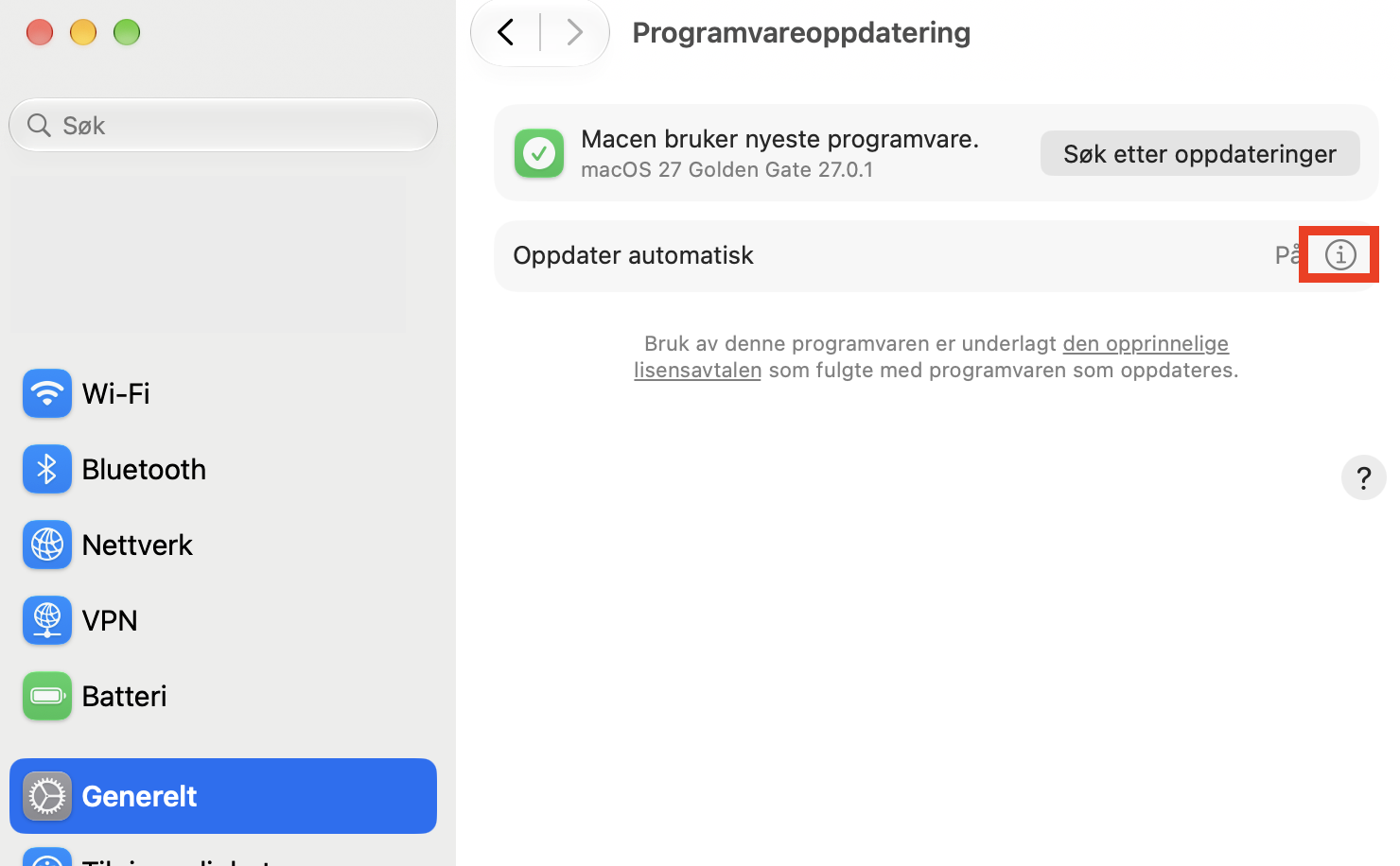 Øverst i vinduet skal du se Oppdater automatisk. Klikk på i-ikonet for å se mer informasjon om oppdateringer.