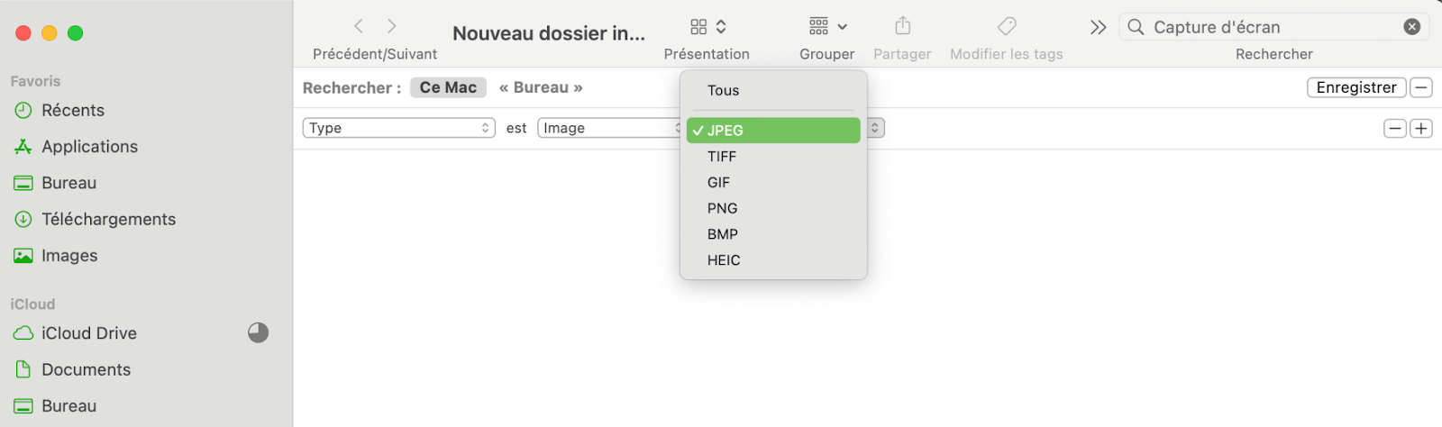 Voici comment définir le type de fichier comme critère de recherche de doublons dans le nouveau dossier intelligent. Dans ce cas-là, les fichiers images JPEG sont sélectionnés sur Mac.