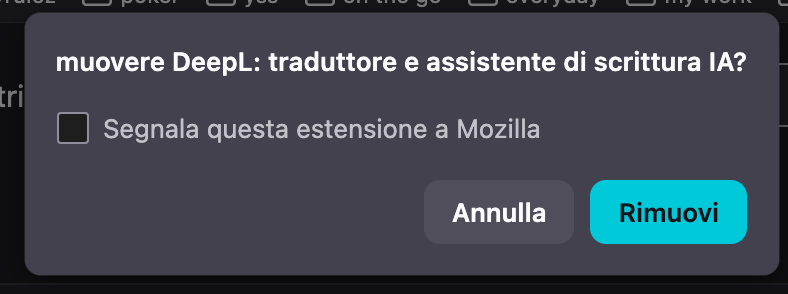 Per completare l’eliminazione dell’estensione di Firefox sul tuo MacBook, fai clic su Rimuovi nella nuova finestra.