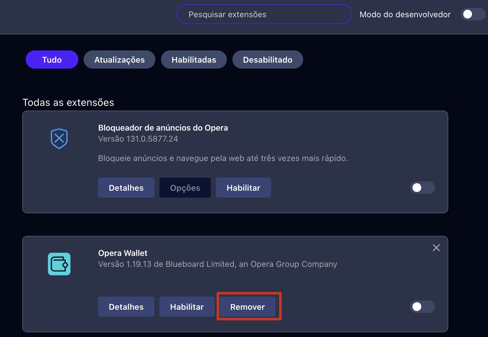 Tela de Extensões do Opera, com Remover destacado sob uma extensão. Como remover extensões, como parte de um guia sobre como parar pop-ups falsos do McAfee no Mac.