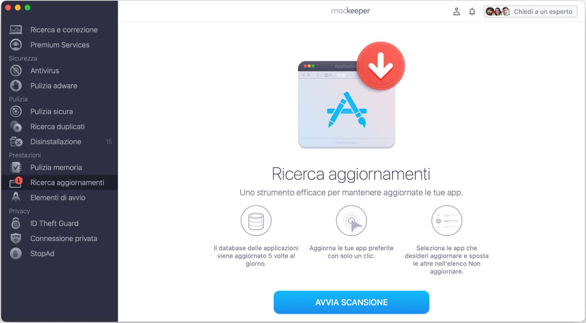 Per scoprire quali app necessitano di un aggiornamento, avvia MacKeeper, seleziona Ricerca Aggiornamenti dal menu a sinistra e clicca su Avvia scansione.