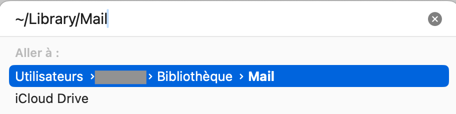 Le champ Aller au dossier dans le Finder sur Mac. Le chemin ~/Library/Mail est affiché. Étape deux du guide pour vider les caches Mail sur Mac manuellement.