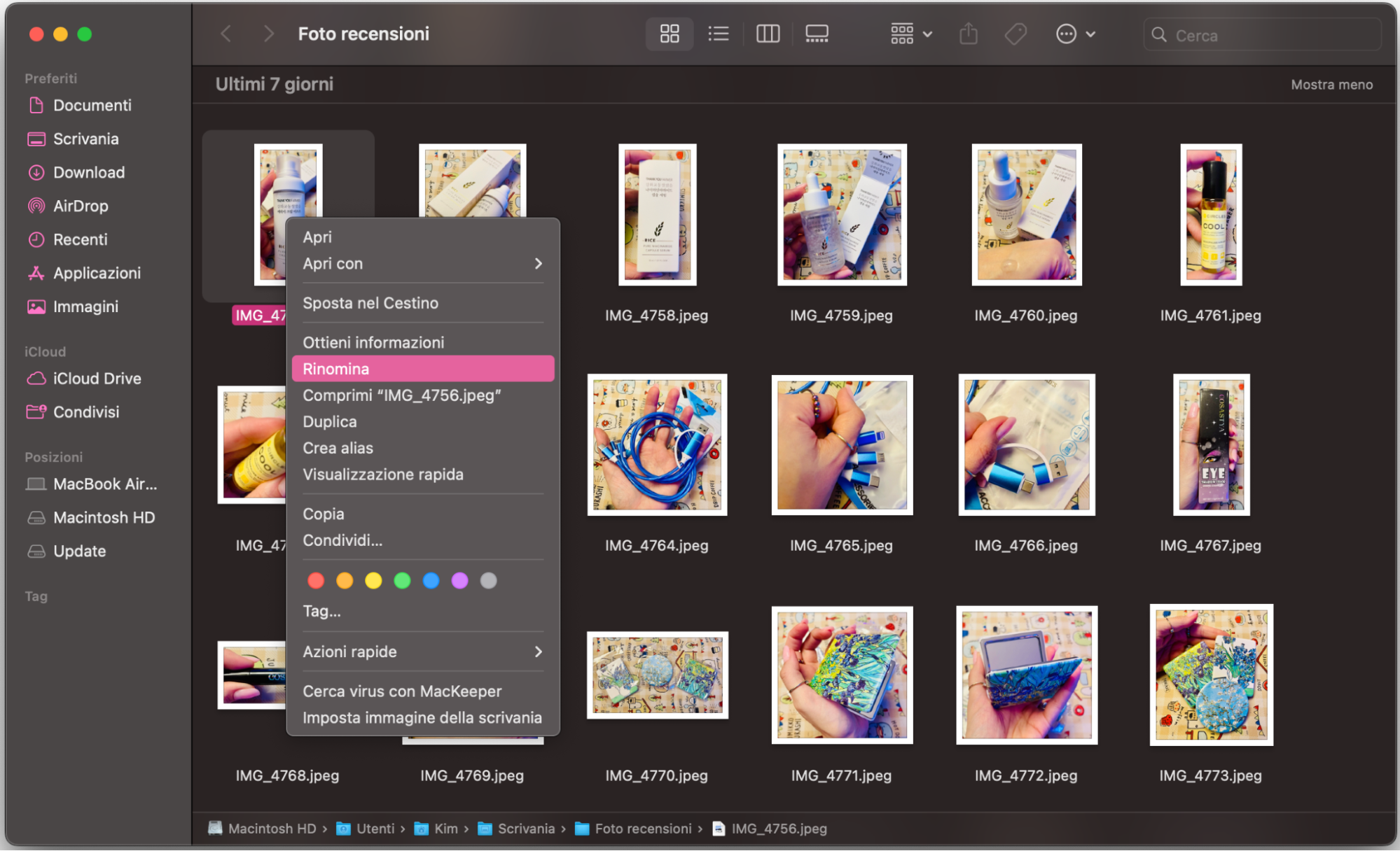 L’opzione Rinomina nel menu contestuale su Mac. Usala per cambiare il formato di un file quando devi riparare file danneggiati su Mac.