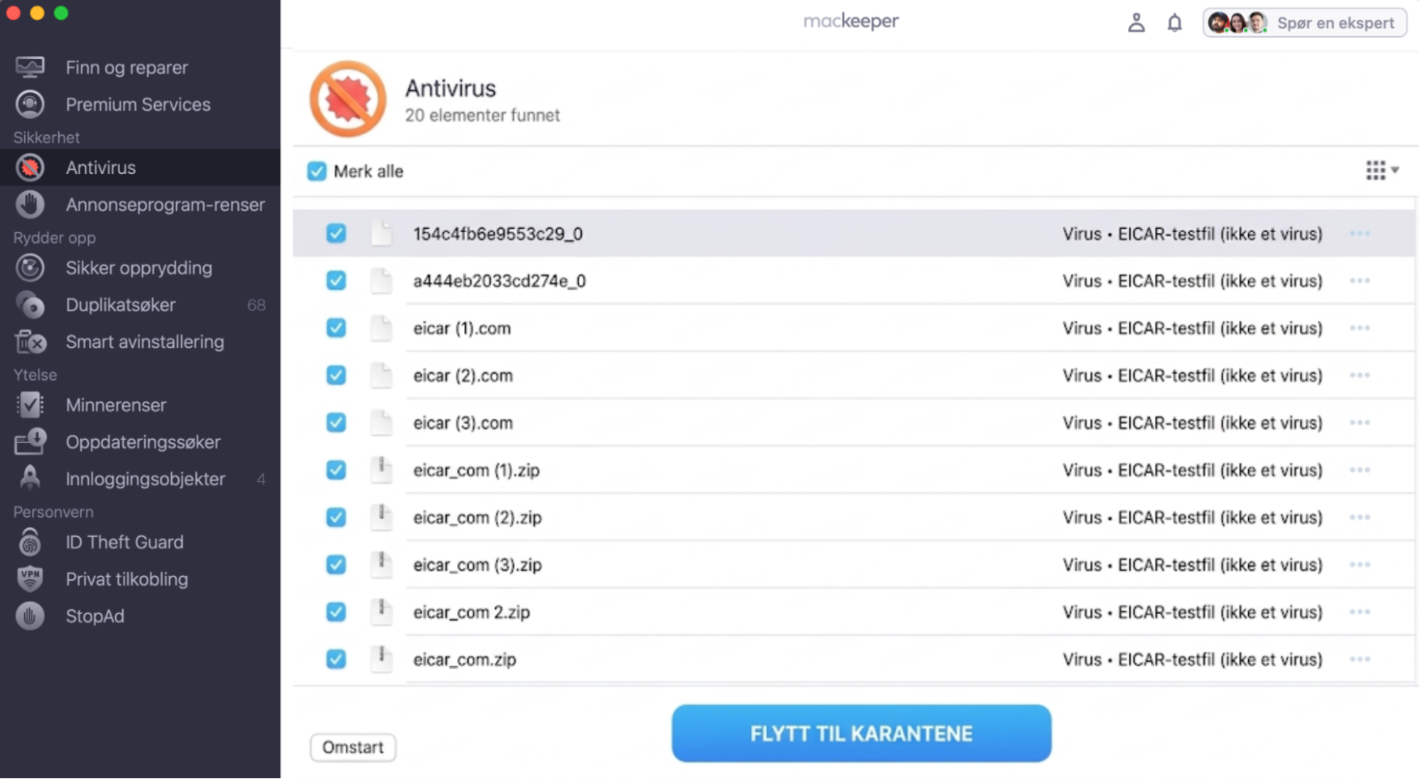 Hvis MacKeeper finner noe mistenkelig på Macen din, vises det i skanningsresultatene. Bare klikk på Flytt til karantene for å fjerne det.