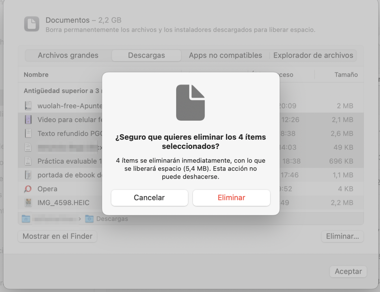 Para confirmar la eliminación de los archivos, haz clic en Eliminar en una ventana desplegable. Es imposible deshacer la acción.