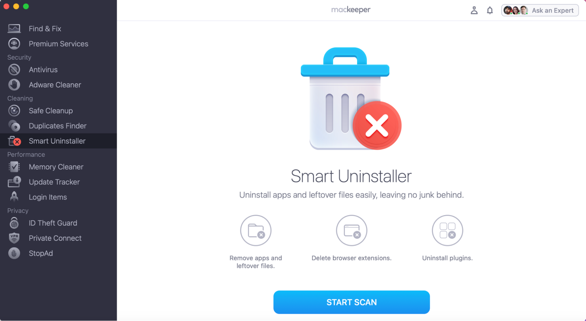 To free up space, by removing old system files and outdated extensions, the MacKeeper app can help. Just open it up and go to Smart Uninstaller. Then press Start Scan.