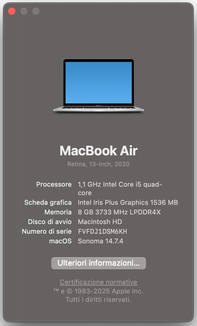 La pagina Informazioni su questo Mac ti mostra il modello e l’anno di rilascio del tuo Mac. Puoi anche vedere quale versione di macOS stai utilizzando.