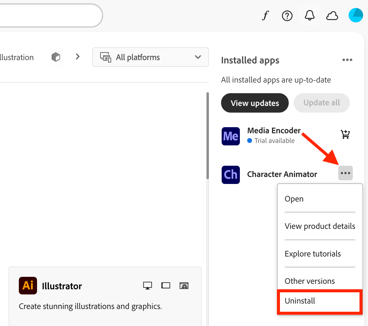 Adobe Creative Cloud on Mac showing all installed apps. When you want to know how to delete Adobe Acrobat on Mac, click the three dots next to it, then choose Uninstall.