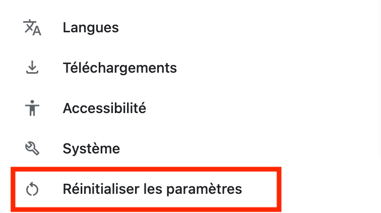 Cliquez ensuite sur Réinitialiser les paramètres dans le menu de gauche.