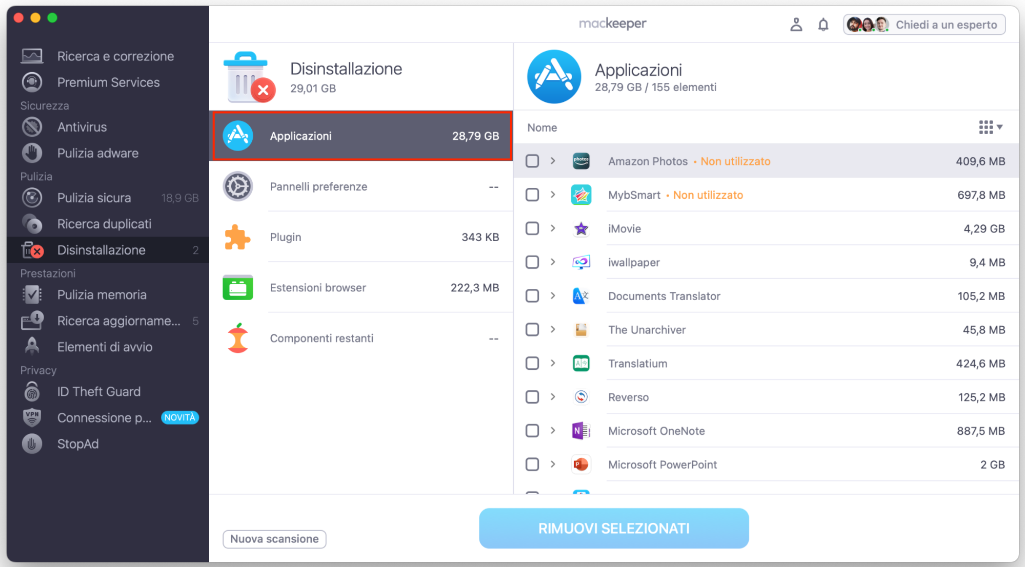 Dopo che lo strumento Disinstallazione di MacKeeper ha completato la scansione del tuo Mac, seleziona Applicazioni.