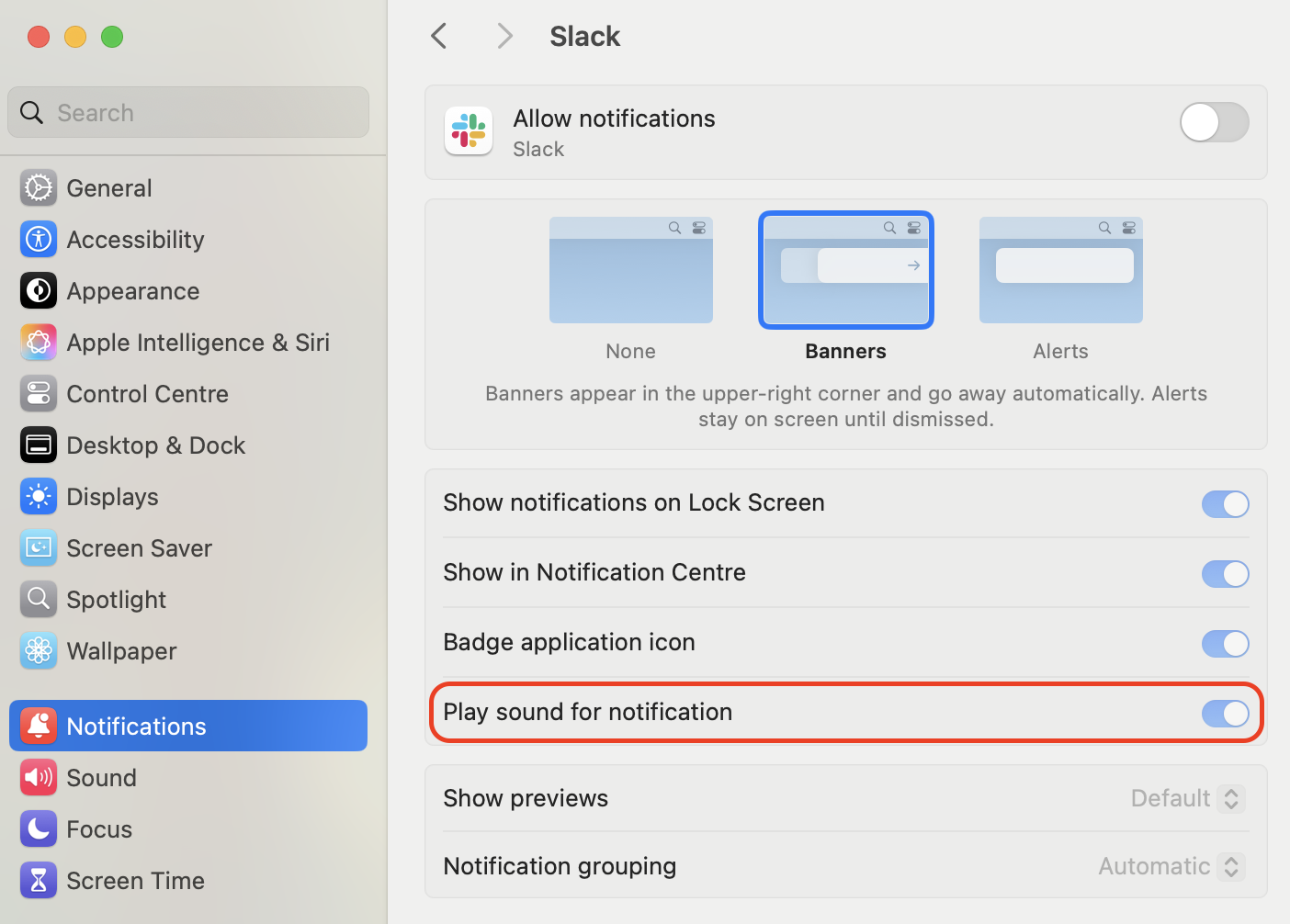 Open System Settings, click Notifications, select Slack, then turn on Play sound for notifications near the bottom of the pane.