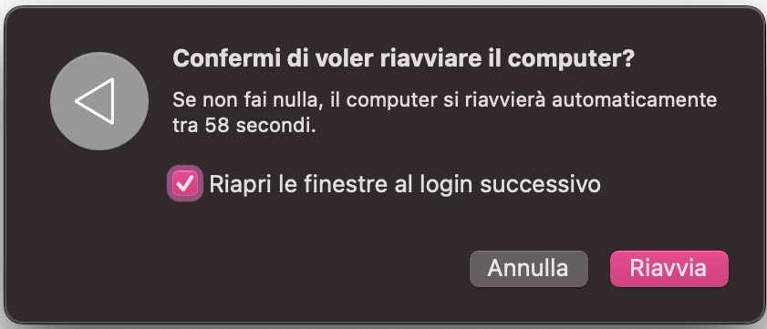 La finestra di dialogo Riavvia che chiede all’utente di confermare il riavvio del dispositivo Apple. Fai clic sul pulsante Riavvia.