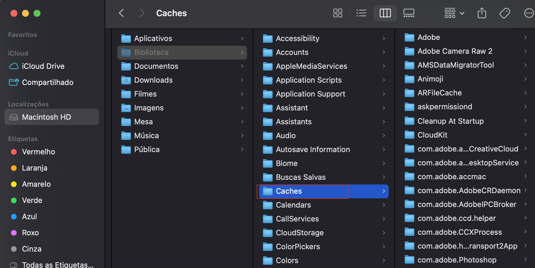 Em Biblioteca > Caches, você verá várias pastas. Elas contêm arquivos temporários (caches) de todos os aplicativos diferentes instalados no seu Mac.