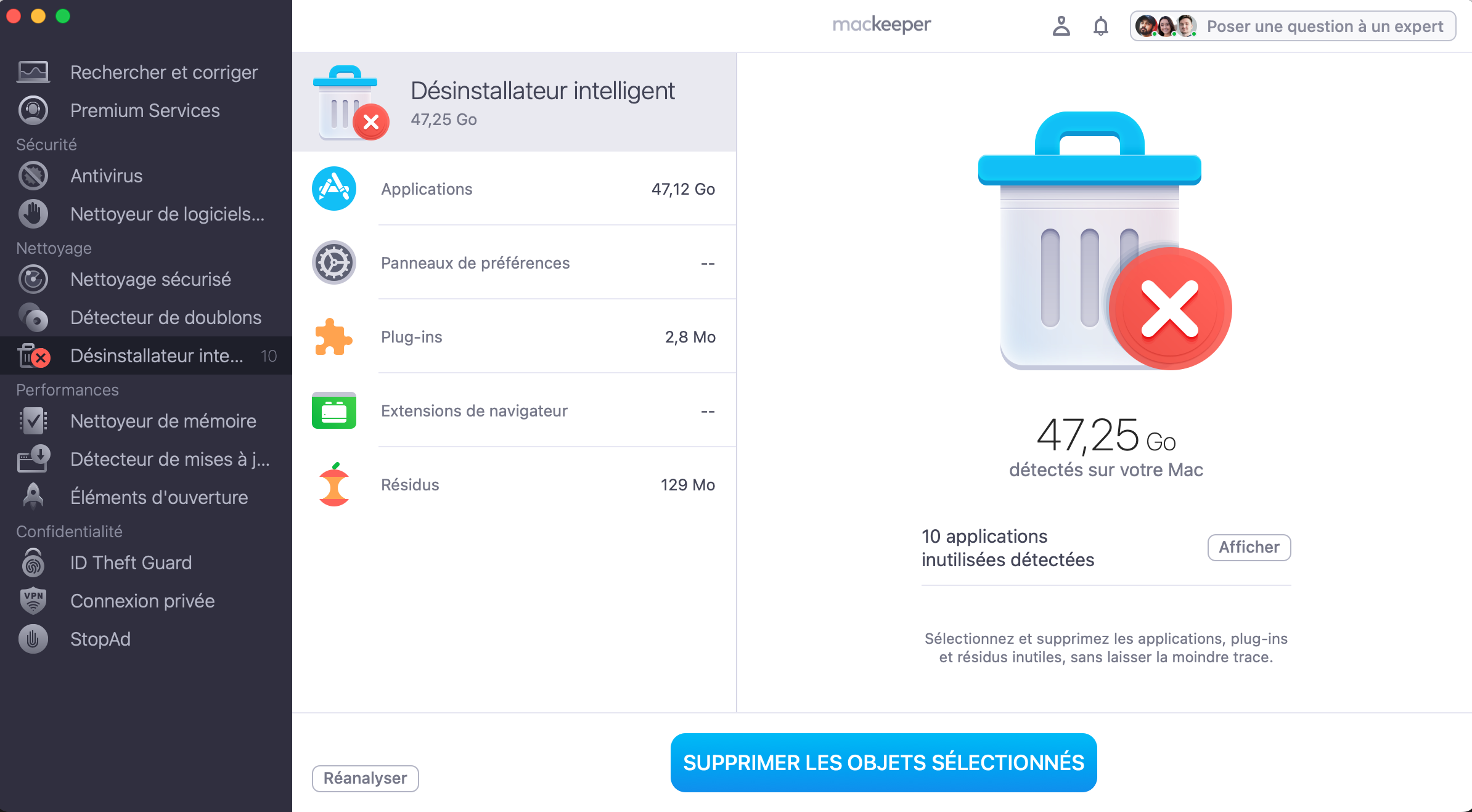 La liste des éléments à supprimer. Sélectionnez les applications et autres fichiers que vous souhaitez supprimer, y compris Avast Cleanup, et cliquez sur Supprimer les objets sélectionnés.