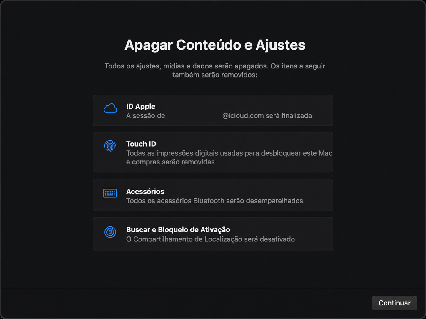 A página Apagar Todo o Conteúdo e Ajustes da Apple é exibida na tela de um Mac. Clicar em Continuar permite aos usuários redefinir o Mac para as configurações de fábrica.