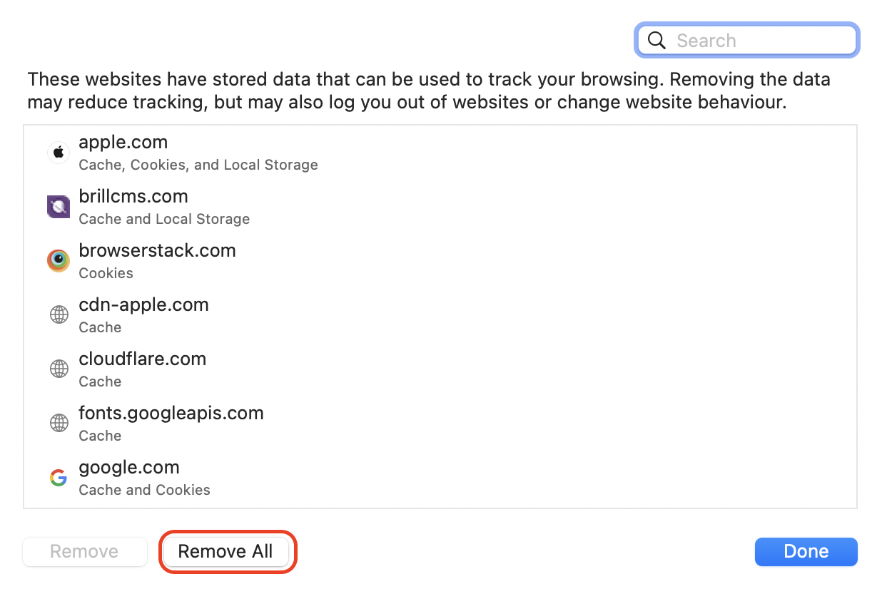 Click Remove All to delete stored website data, including cookies and cache files, from Safari on your Mac.