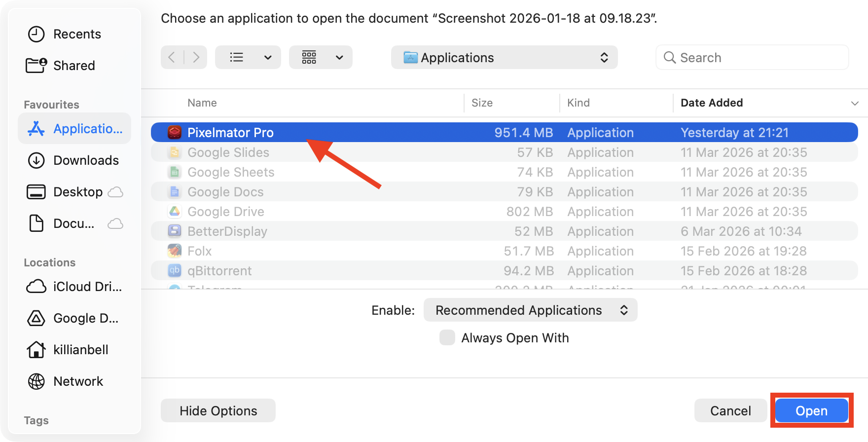 The window for choosing a different app to open a file on Mac. If you're trying to fix corrupted files on Mac, right click the file and see if it will open with a different app.
