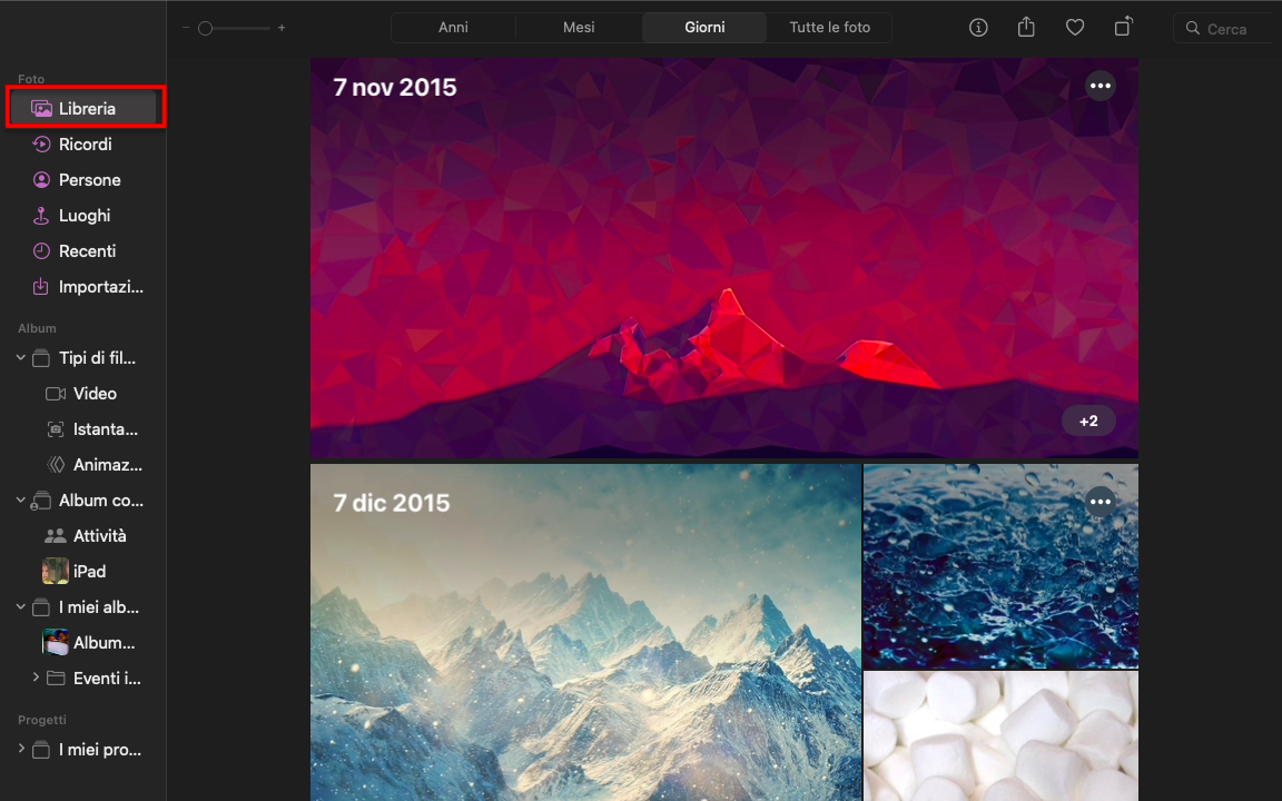 La sezione Libreria all'interno dell'app Foto su Mac. Rimuovere foto e video indesiderati dal computer per liberare spazio sul Mac.